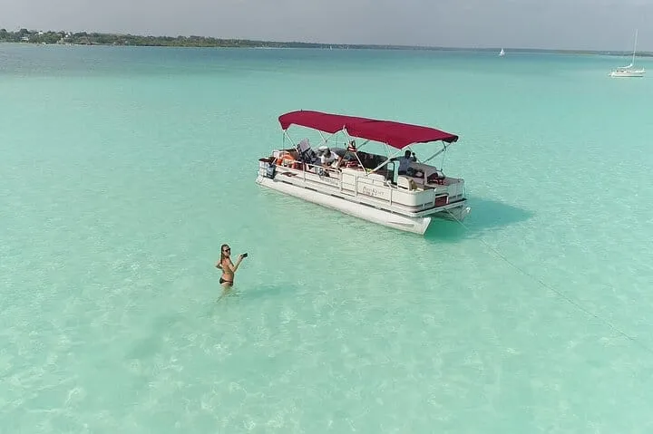Bacalar Seven Color Lagoon Pontoon Boat Tour with Open Bar