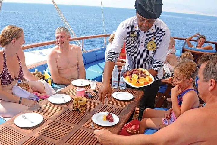 Guests on the deck of a boat trip from Hurghada