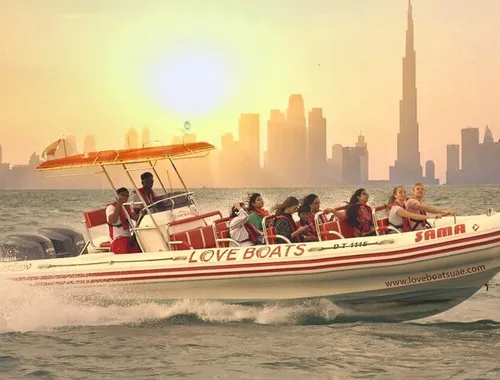 Experience the Burj Khalifa at golden hour! Get the most breathtaking views of the incredible Dubai skyline and sail toward Atlantis on the Dubai Speedboat: Iconic Marina to Atlantis Adventure Ride!