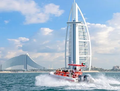 The ultimate photo op with the icons! Zoom past the magnificent Burj Al Arab and Jumeirah Beach Hotel on the thrilling Dubai Speedboat: Iconic Marina to Atlantis Adventure Ride!