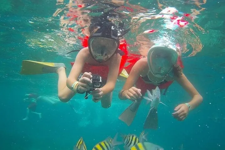 Discover the vibrant underwater life of the Caribbean with a dedicated Snorkelling stop on your fun Montego Bay Catamaran cruise!