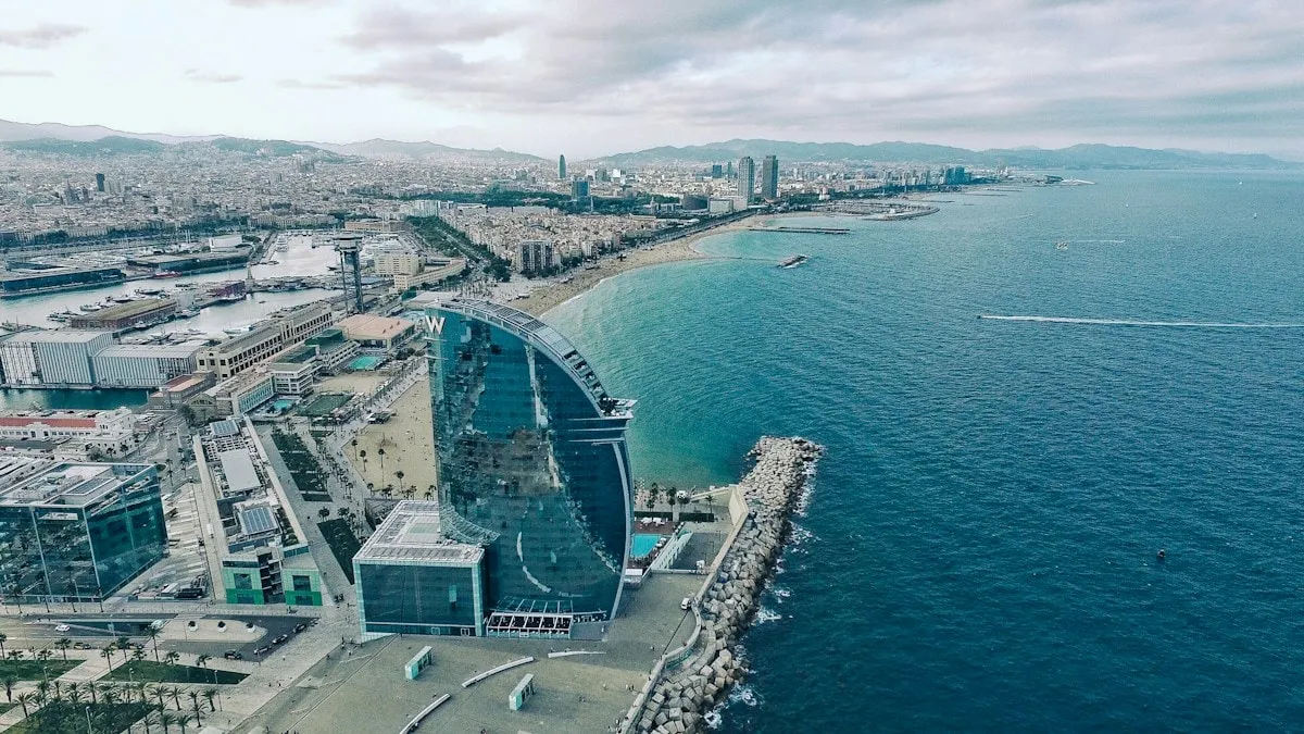 Aerial view of Barcelona's seafront and the Mediterranean