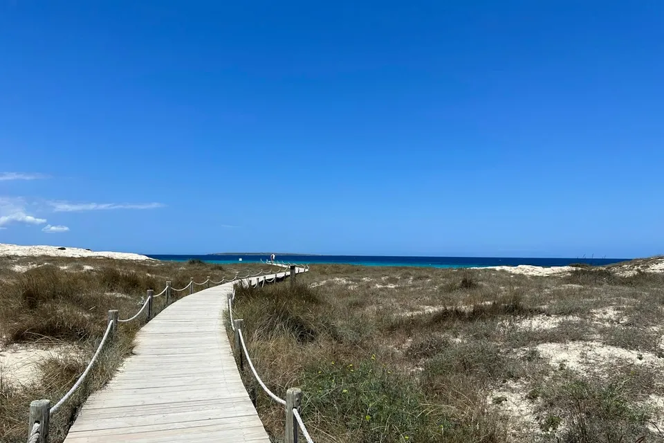 A wooden boardwalk leading to a beach in Formentera. Photo via Unsplash