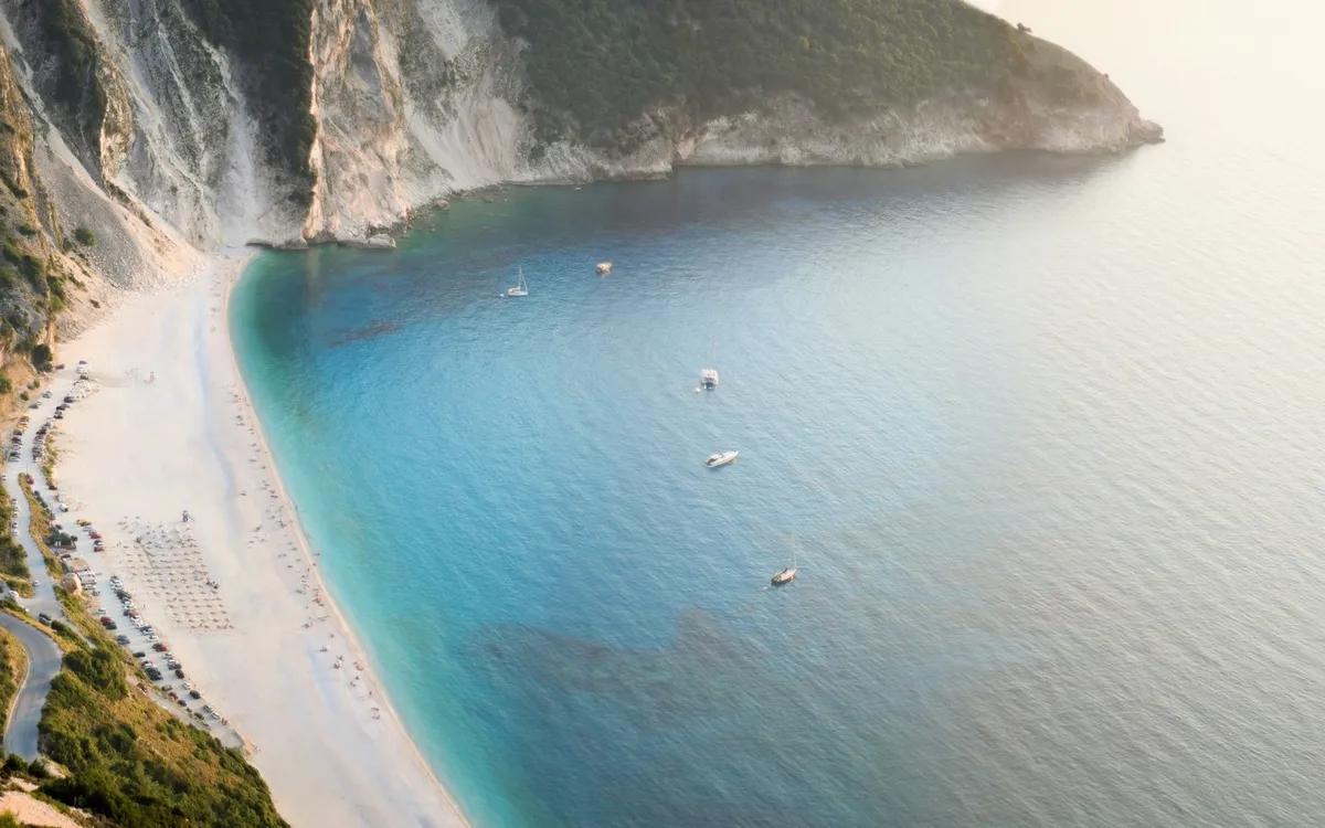 Aerial view of a Kefalonia beach and turquoise sea