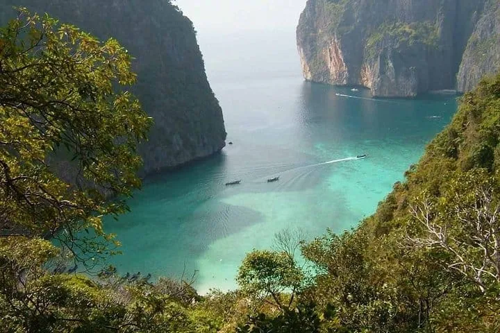 Maya Bay seen from above: a turquoise cove between limestone cliffs in the Phi Phi Islands, Thailand