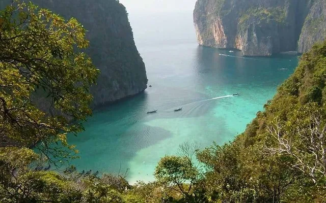 Maya Bay seen from above: a turquoise cove between limestone cliffs in the Phi Phi Islands, Thailand