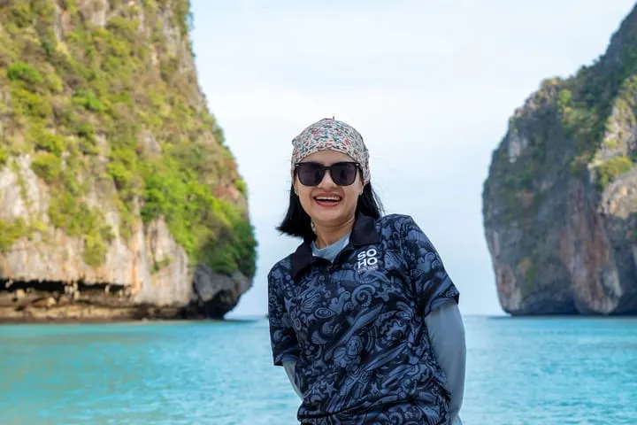 A guest at Maya Bay, Phi Phi Islands, Thailand
