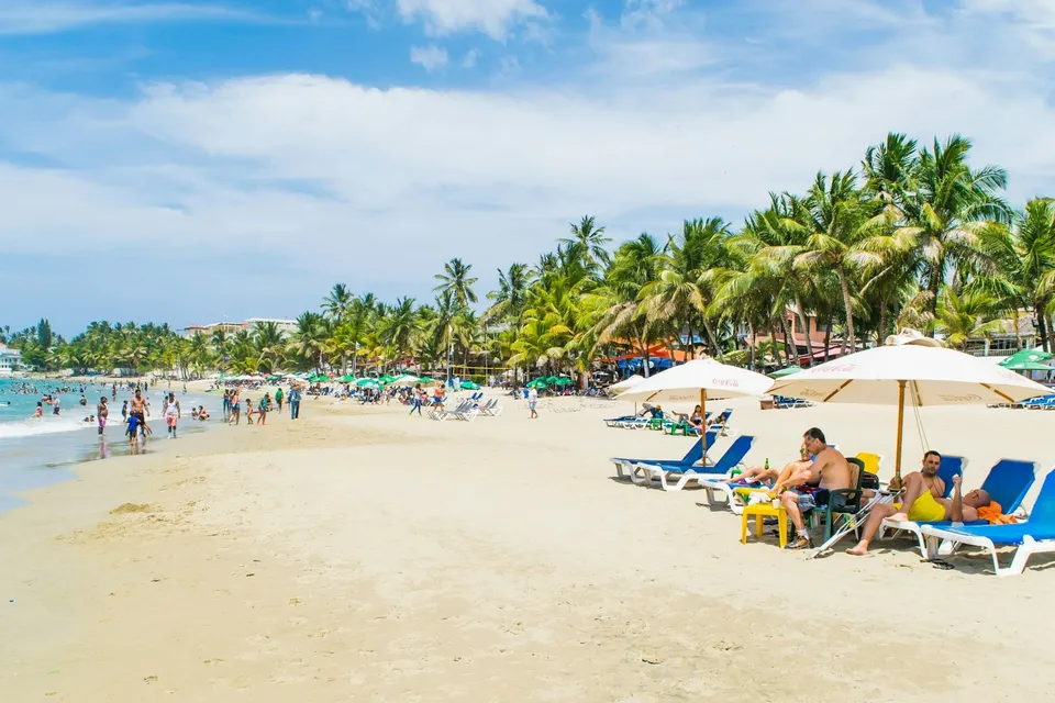 People relaxing on a beach in Puerto Plata under palm trees. Photo via Unsplash