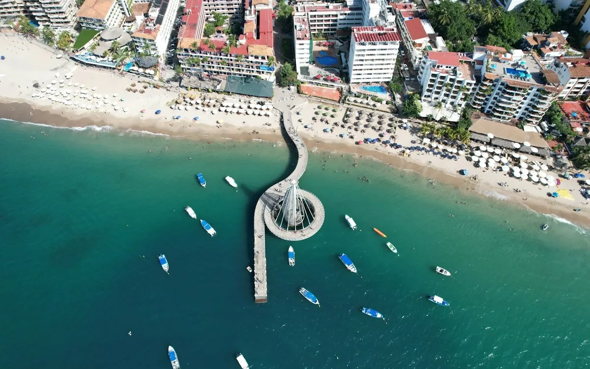 Aerial view of the Puerto Vallarta coast and boats on Banderas Bay