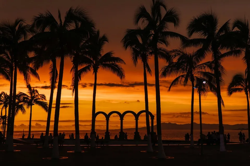 Sunset behind palm trees on the seafront of Puerto Vallarta. Photo via Unsplash