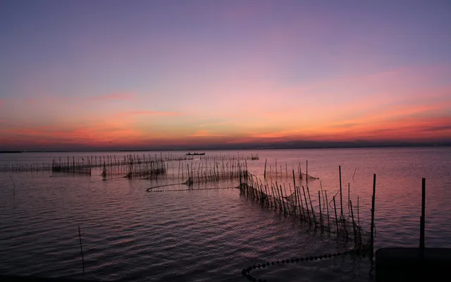 Sunset over a lagoon near Valencia with fishing stakes