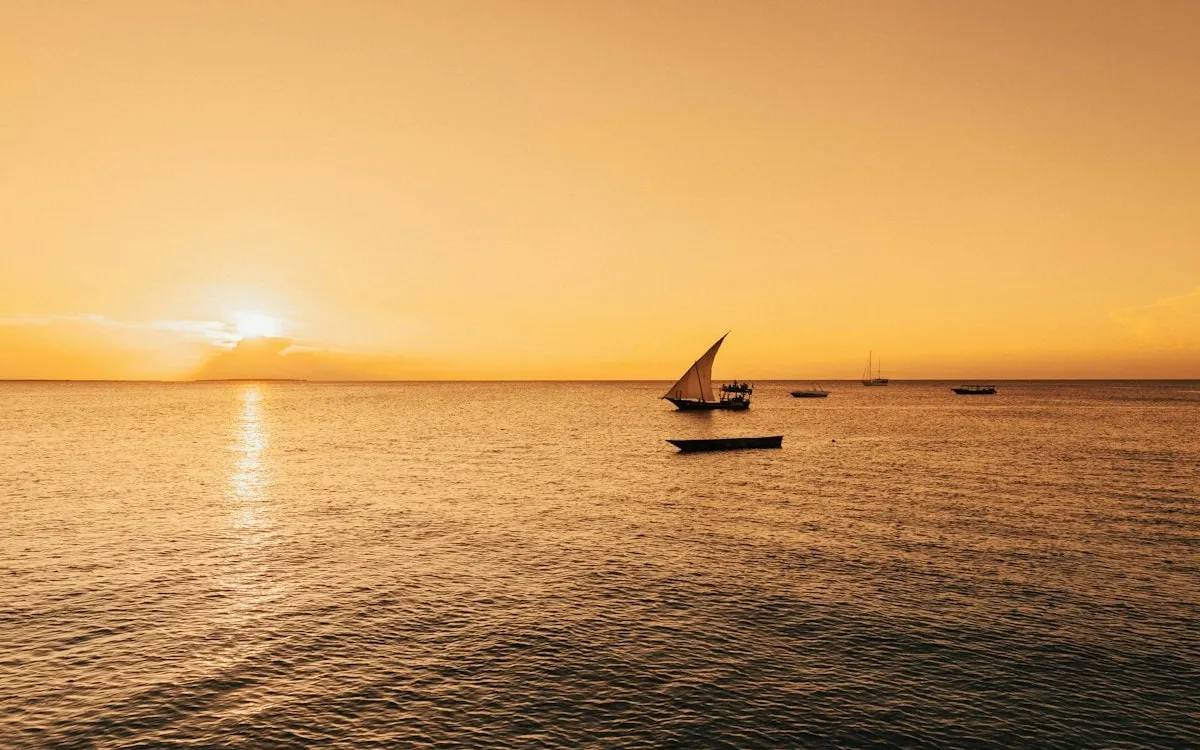 Traditional dhow sailing at sunset off Zanzibar