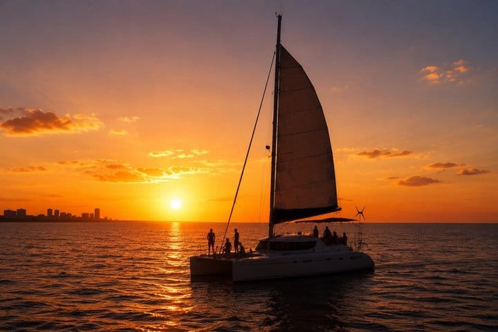 A private sunset catamaran with the Cancún skyline in the distance