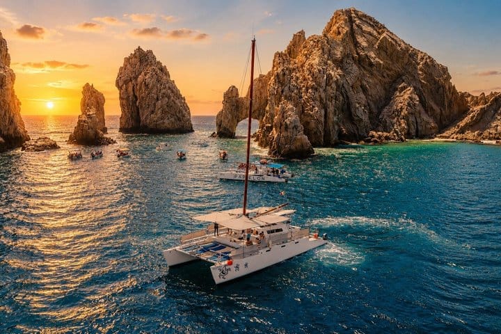 A catamaran at sunset in front of the rock formations of Cabo San Lucas
